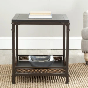 SAFAVIEH Dinesh End Table With Storage Shelf | Black / Dark Walnut | - Picture 1 of 3