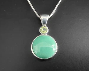 Sterling Silver Chunky Fancy Round Chrysoprase ? Stone Peridot Pendant Necklace - Picture 1 of 6