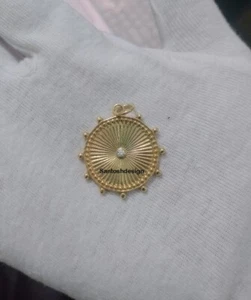 14k Solid Gold Fluted Disc Diamond Charm Pendant,Handmade Pendant Jewelry,Gift - Picture 1 of 2