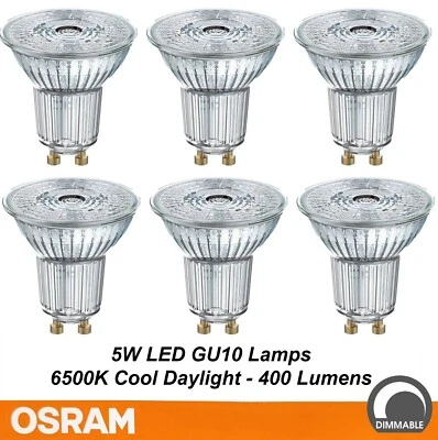 6 x OSRAM DIMMABLE LED Downlight Globes Bulbs Lamps 5W 240V GU10 Cool Daylight - Image 1 of 4