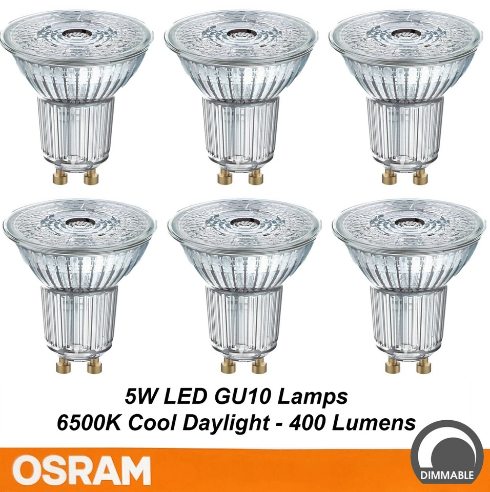 6 x OSRAM DIMMABLE LED Downlight Globes Bulbs Lamps 5W 240V GU10 Cool Daylight - Image 1 of 4