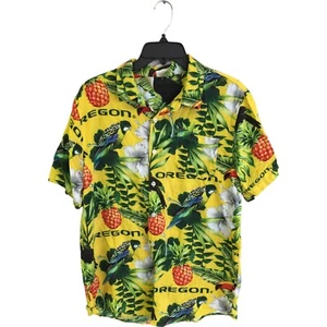 Vintage Mens Button Up Oregon Ducks Hawaiian Shirt Tropical Short Sleeve Yellow - Picture 1 of 8