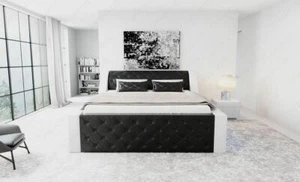 Boxspringbett Designer Bett Hotel Lederbett Komplettbett Schwarz Weiß AREZZO LED - Bild 1 von 5