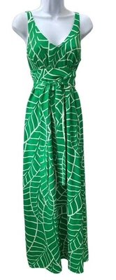 Maxi Vestido Susana Monaco Sin Mangas 8 Verde Blanco Cuello en V Hoja Geométrica Cinturón Corbata Foto 1 de 4