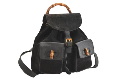 Authentic GUCCI Bamboo Vintage Drawstring Backpack Suede Leather Black 4056N - Image 1 of 4