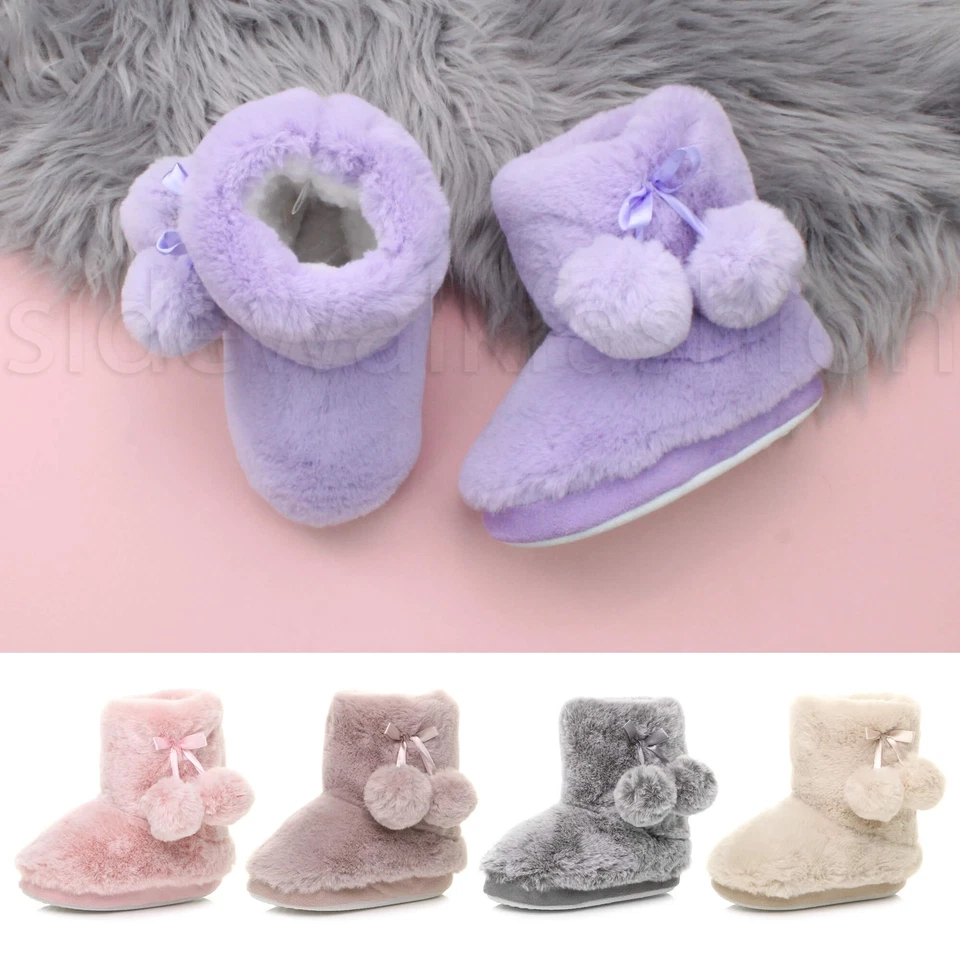 SIDEWALKFASHION Kids childrens girls fluffy winter pom pom fur indoor ankle boots slippers size