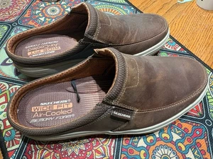 Skechers Porter Vamen Shoes Mens 10 Brown Leather Slip On Slides 65097 WIDE FIT - Picture 1 of 6