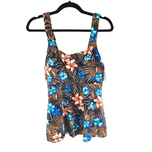 Lands End Womens Flutter Tankini Top Deep Sea Navy Tropic Palm Blue Brown XS - Picture 1 of 3