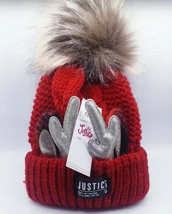 NEW Justice Girl's Red Beanie Warm Christmas Hat One Size Reindeer Gold Antlers  - Picture 1 of 8