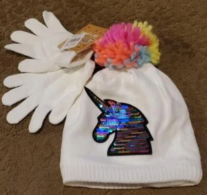 Girls Love at First Sight Sequined Unicorn Hat & Gloves OSFM fleece lined NWT - Picture 1 of 1