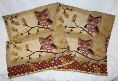 Set of 4 Tapestry Placemats Fall Leaves Owl on Oak Tree with Acorns 13"x19" - Image 1 of 3
