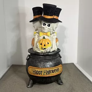 3 Skeletons /Skulls with Hats in Happy Halloween Cauldron Figurine 14” Lights Up - Picture 1 of 4