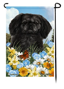 Summer Flowers Garden Flag - Black Pekingese - Afbeelding 1 van 1