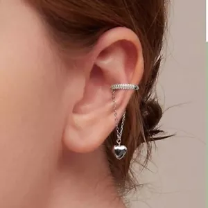 Platinum Plated Heart Chain Ear Cuff, Lab Created Diamond,Chain Ear Cuff, 1 PCS - Picture 1 of 3