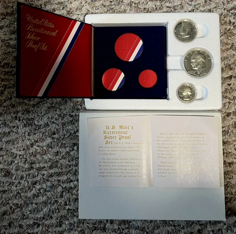 1976 S Proof Set 3 Piece Bicentennial Ike Kennedy Washington 40% Silver US Coins Cover