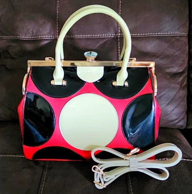 Satchel Leather Totel Bag with Strap, Red, Black, Beige - Image 1 of 4