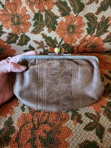 Vintage Antik 1920er braune Leder Clutch Handtasche Bakelit Verschluss - Bild 1 von 12
