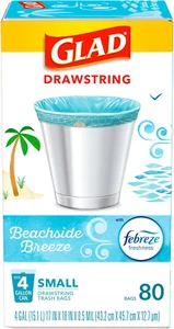 Glad OdorShield kleine Müllbeutel mit Kordelzug, Febreze Beachside Breeze, 4 Gal, 80 - Bild 1 von 4