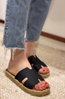 Women’s Casual Tan Raffia Open Toe Leather Look Slipper Sandals. EU 36-41