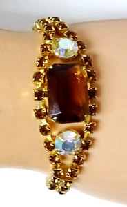 Vintage Gold tone Amber Glass And Aurora Borealis Rhinestone Bracelet - Picture 1 of 7