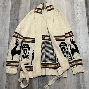 VTG 1970s Southwestern Cream Wool Robe Style Open Front Sweater Shawl Cardigan - Picture 1 of 5