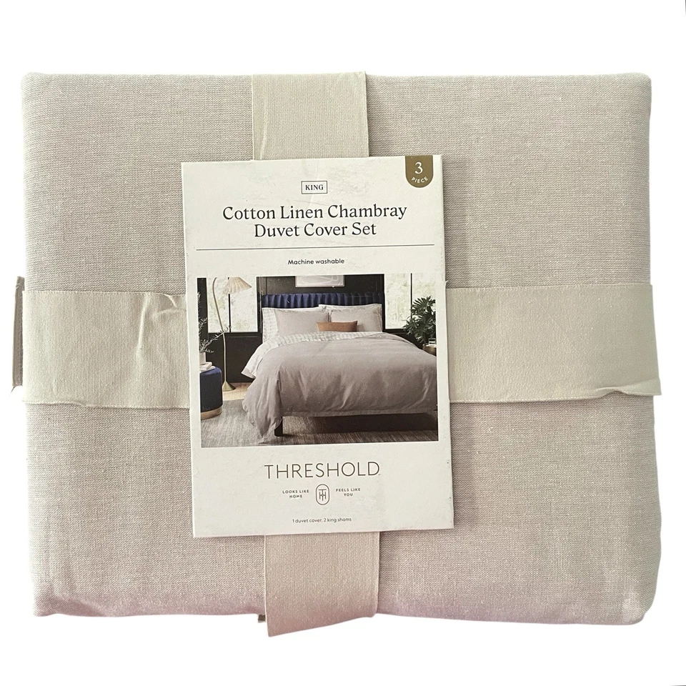 King Linen Blend Duvet Cover and Sham Set Khaki Beige Chambray by Threshold NEW - Image 1 of 4