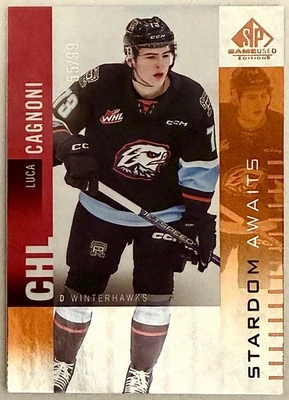 Luca Cagnoni Rookie 2023 SP Game Used CHL Orange Patterned Foilboard /99 #SA-LC - Image 1 of 2
