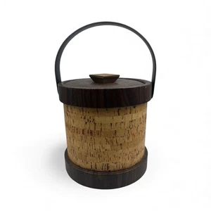 Vintage 1970s Cork Ice Bucket Faux Wood Grain MCM Barware Retro Decor - Picture 1 of 14