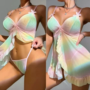 Women Sexy Lingerie Open Front Teddy Pajamas Sheer Mesh Sleepwear G-string Set - Picture 1 of 59