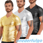 Mens Metallic Shiny T-Shirt Muscle Tops Tee Nightclub Short Sleeve V Neck Blouse