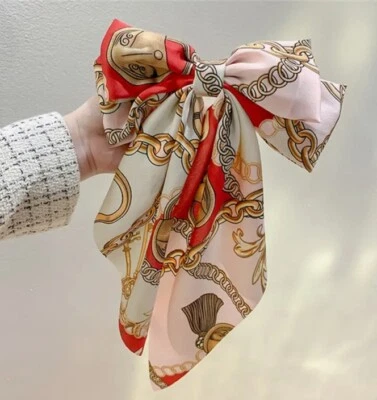 Pink Scarf Designer Pattern Stylish Bow Big Ribbon Hair Clip All Hair Types - Image 1 of 4