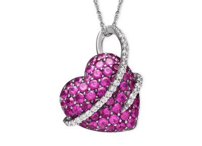Pink Ruby & White 2.10CT Moissanites In 10K White Gold Unique Heart Pendant - Image 1 of 3