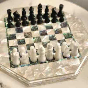 15 Zoll Marmor Schachtischplatte Halbedelsteine Inlay mit Schachstücken - Bild 1 von 4