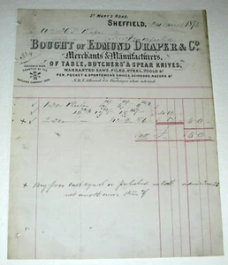 SHEFFIELD 1875 ORIGINAL RECEIPT EDMUND DRAPER TABLE BUTCHERS & SPEAR KNIVES - Picture 1 of 1