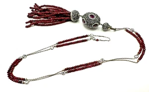 Turkish-Made 925 Sterling Silver Ruby Beads & Crystals Tassel Necklace 32" NWOT - Picture 1 of 9