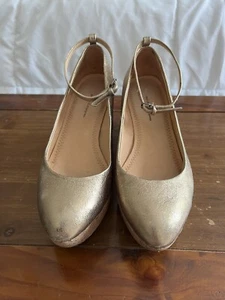 Anthropologie Pilcro and the Letterpress Gold Cork Wedge Heels Ankle Strap 7.5M - Picture 1 of 11