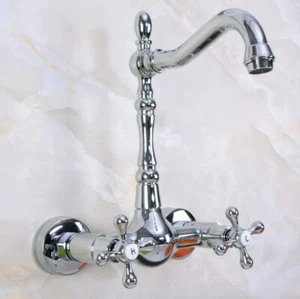Grifo fregadero de lavabo montado en pared cromo pulido doble mango cruzado para baño - Imagen 1 de 6