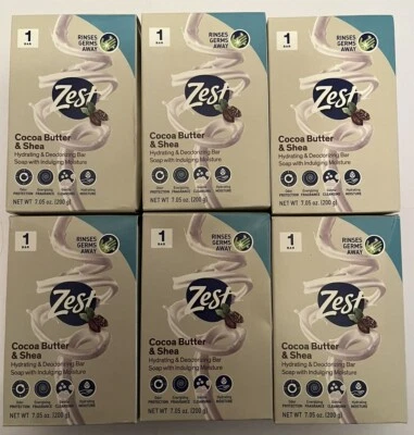 Lot of 6 Zest 7.05oz COCOA BUTTER & SHEA Hydrating & Deodorizing Jumbo Bar Soap - Image 1 of 4