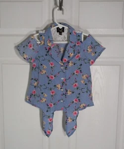 Montau Girl's Blue Floral Cold Soulder Chiffon Blouse With Tie Back Lace Size 5 - Picture 1 of 6