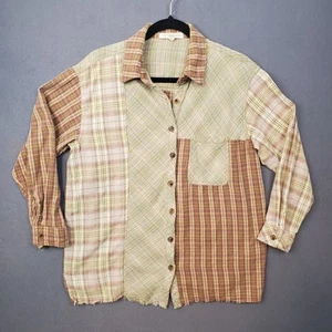 Camisa de franela Rewind Y2K marrón bloques de colores dobladillo desgastado para mujer M grunge cómoda - Imagen 1 de 8