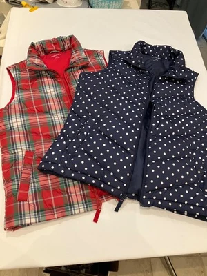 Lot 2 Lands End Womens MEDIUM Blue Polka Dot red Plaid Quilted Down Puffer Vests - Image 1 of 4