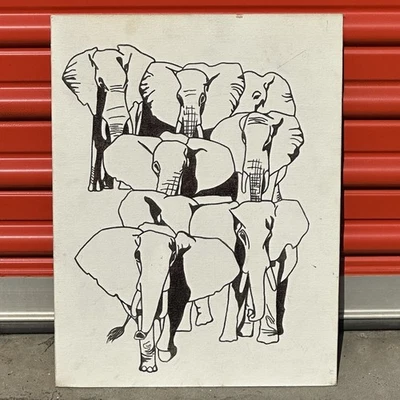 Boceto vintage contorno pintura elefantes firmado lienzo negro blanco años 60 12x16 Foto 1 de 4