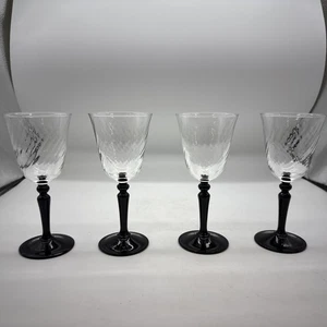 Set Of 4 Luminarc Black Stemmed Swirl Optic Chrystal Wine Glasses - France EUC - Picture 1 of 6