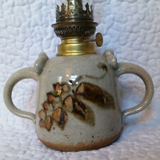 Vintage Brown Gray Stoneware Pottery Oil Lamp Light 2 Handled Glazed Primitve