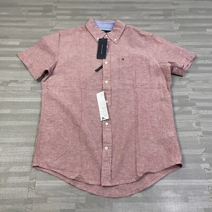Tommy Hilfiger Linen Blend Short Sleeve Pink Mens Size Small Button Shirt $69 - Picture 1 of 8