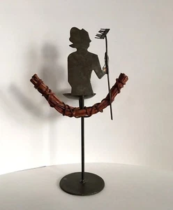 Vintage Brass Candle Stick Silhoutte Woman Farmer With Rake Unusual Barn Art - Picture 1 of 7