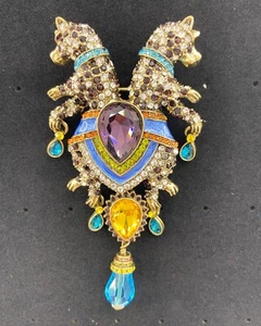 Heidi Daus Rhinetone Double panther leopard crystal BROOCH pin large dangling - Picture 1 of 6
