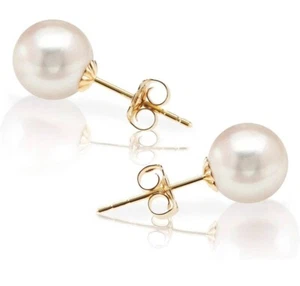 14K Solid Yellow Gold Lab Created Pearl Earrings 8MM - Picture 1 of 3
