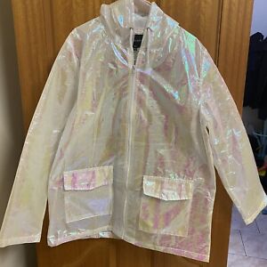 Brave Soul Pink/white Iridescent Hooded Rain Jacket Coat Size M/L