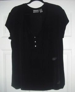 Chico's Travelers Black Slinky Stretchy S/S Top Size 3 Rhinestone Buttons - Picture 1 of 2